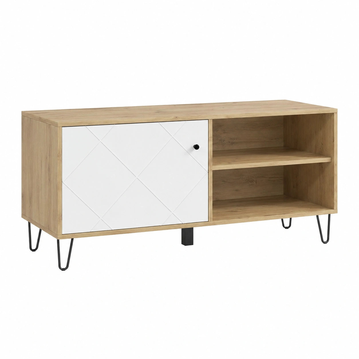 Mobile TV Scandinavo con Anta e Ripiani Aperto in Rovere 123x40x55 cm