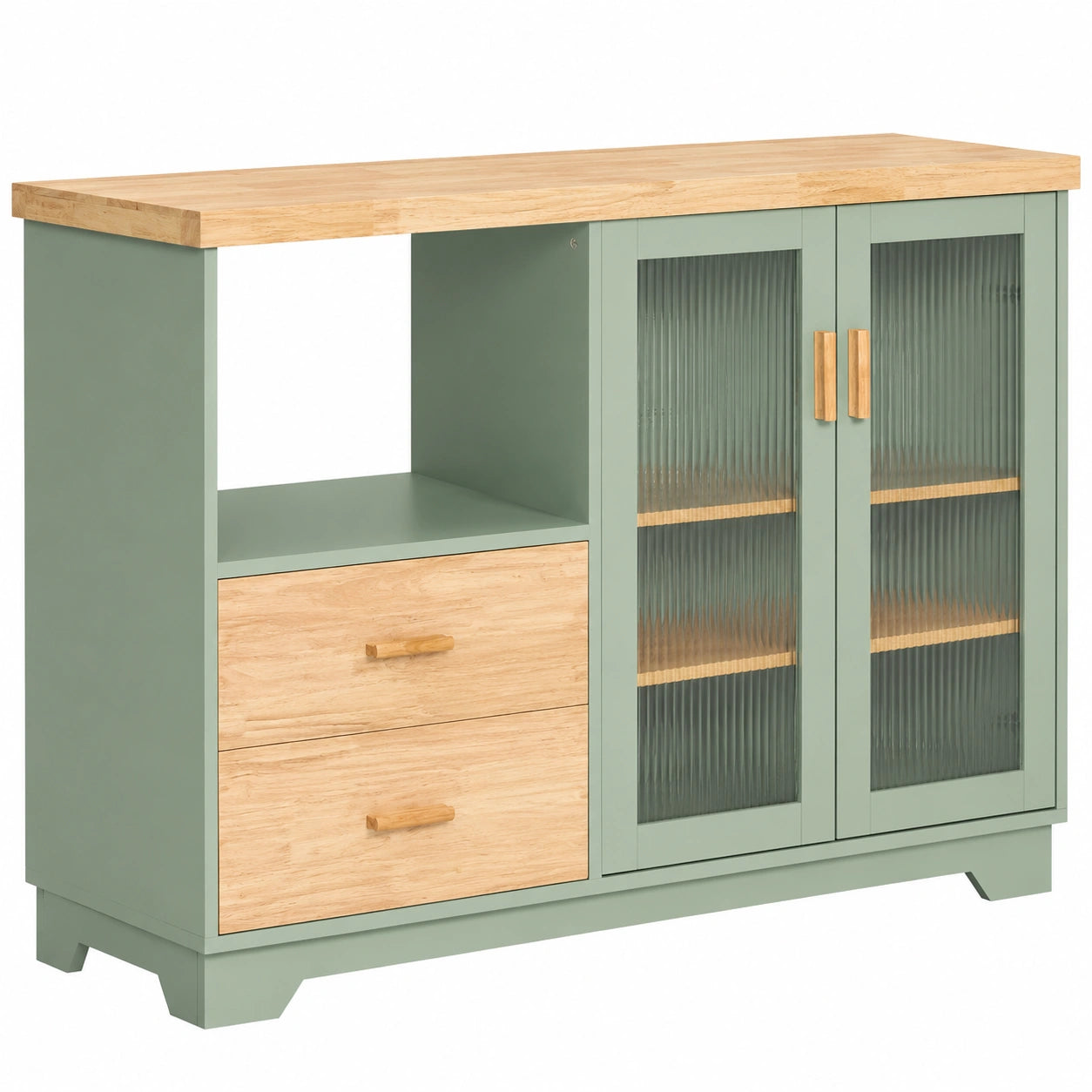 Credenza Moderna da Cucina con Ripiano Microonde e Portabottiglie, Ante in Vetro Verde, 120x90x40cm