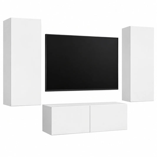 Mobili TV in legno bianco stile scandinavo, set 3 pezzi moderni con vano contenitore