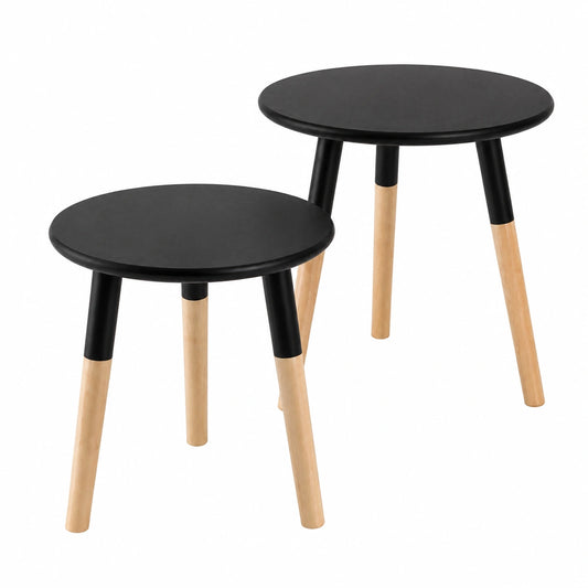 Coppia di Tavolini Scandinavi in Legno di Pino Nero, Diametro 48/38 cm, Ideali per Soggiorno e Camera da Letto