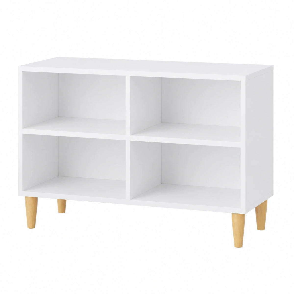 Mobile TV bianco in stile scandinavo con 4 scomparti e gambe in legno massiccio, 69,5x30x50 cm