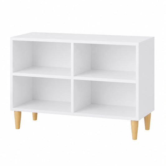 Mobile TV bianco in stile scandinavo con 4 scomparti e gambe in legno massiccio, 69,5x30x50 cm