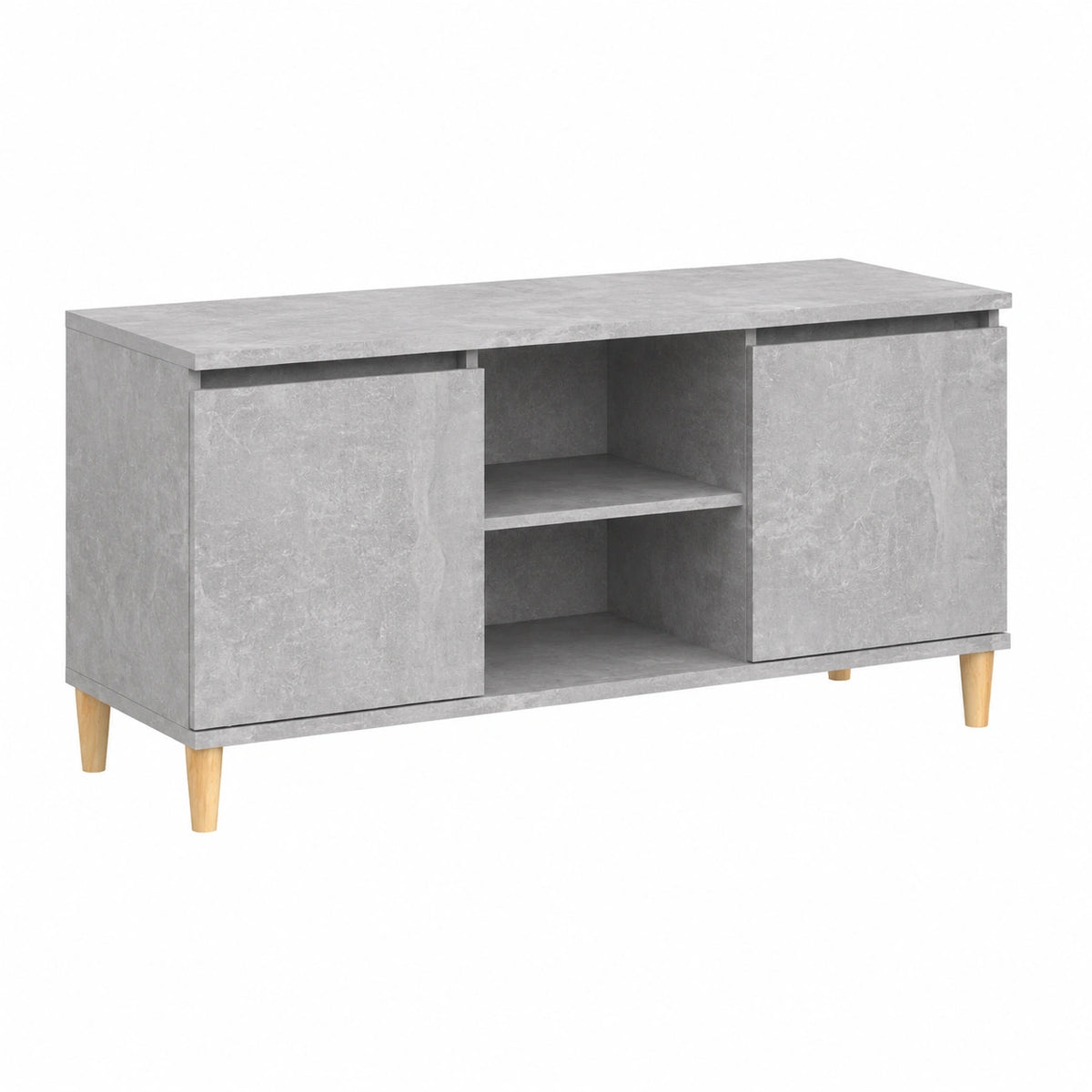 Mobile TV stile scandinavo, grigio cemento, 104 cm, con gambe in legno e ripiani