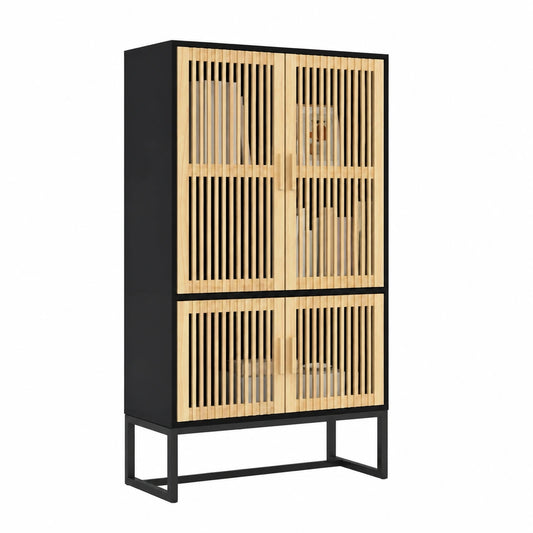 Credenza Scandinava Nera in Legno Multistrato e Pino con Piedini in Ferro, 70x35x125 cm