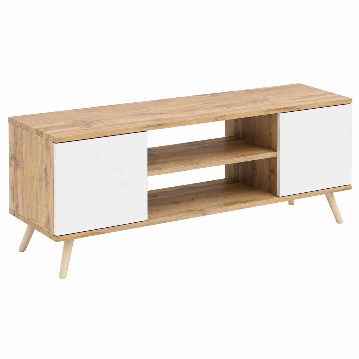Mobile TV scandinavo KOBI Focus 135 con gambe in legno, rovere dorato e bianco