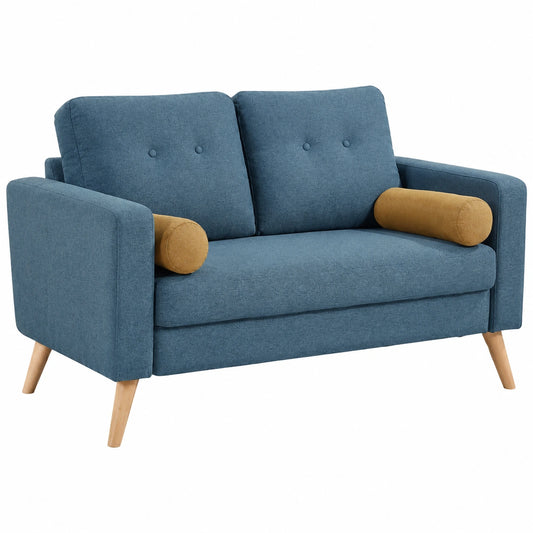 Divano 2 posti TATUM in tessuto blu con base in legno e stile scandinavo